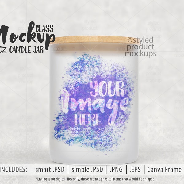 Dye sublimation 10oz frosted glass candle jar with bamboo lid Mockup | Add your own image and background | Canva Frame mockup