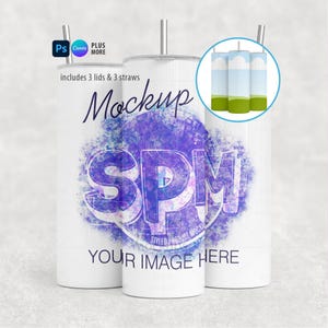 May include: White tumbler mockup with a silver straw and lid. The design includes a purple and blue watercolor splash with the letters "SPM" and the words "Mockup" and "Your Image Here". Includes 3 lids and 3 straws.