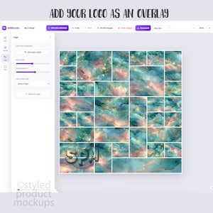 May include: A digital interface for GridStudio showing a collage of teal, pink, and gold marble-textured images. The screen displays controls for uploading logos, adjusting size, opacity, and position, with the text ADD YOUR LOGO AS AN OVERLAY.