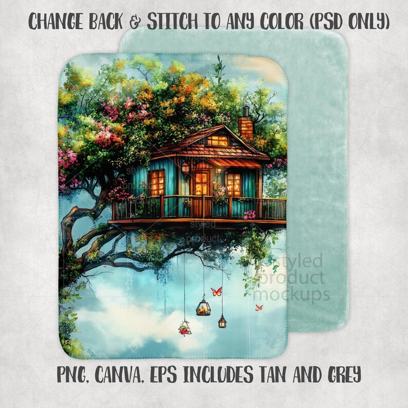 Peut inclure: Une couverture avec une illustration de cabane dans les arbres, avec une maison bleue entour&eacute;e d'arbres vibrants et de lanternes suspendues. Le texte comprend "CHANGE BACK & STITCH TO ANY COLOR (PSD ONLY)" et "PNG. CANVA. EPS INCLUDES TAN AND GREY".