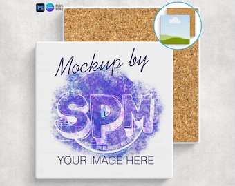 Square Sandstone Coaster Mockup, Front & Back (PSD, PNG)