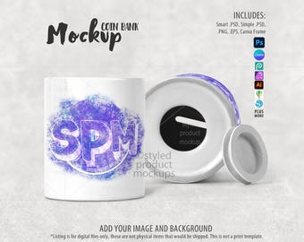 Dye sublimation ceramic coin bank mockup | Add your own image and background