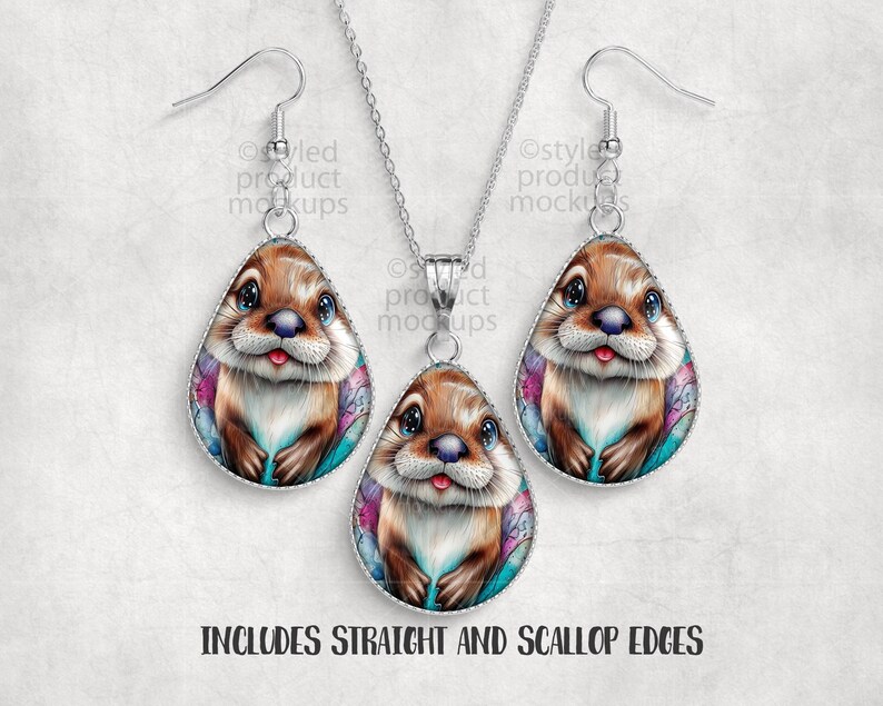 May include: A silver-toned jewelry set featuring a pendant and matching earrings. Each piece showcases a teardrop-shaped design with a detailed illustration of a cute brown animal with blue eyes and a pink tongue. The text "INCLUDES STRAIGHT AND SCALLOP EDGES" is at the bottom.