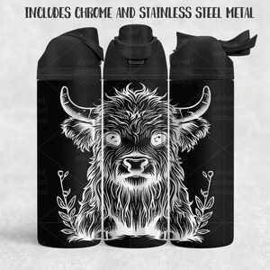 May include: Black water bottle with a white Highland cow design. The bottle has a black lid and body. The text "INCLUDES CHROME AND STAINLESS STEEL METAL" is at the top. The bottle is suitable for carrying water.