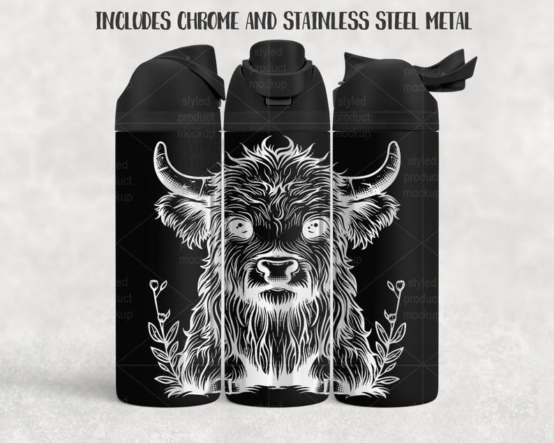 May include: Black water bottle with a white Highland cow design. The bottle has a black lid and body. The text "INCLUDES CHROME AND STAINLESS STEEL METAL" is at the top. The bottle is suitable for carrying water.