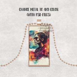 May include: A gold chain necklace with a rectangular pendant featuring a colorful illustration of a woman with sunglasses and a guitar. The pendant has a white background and the text "styled product mockups".