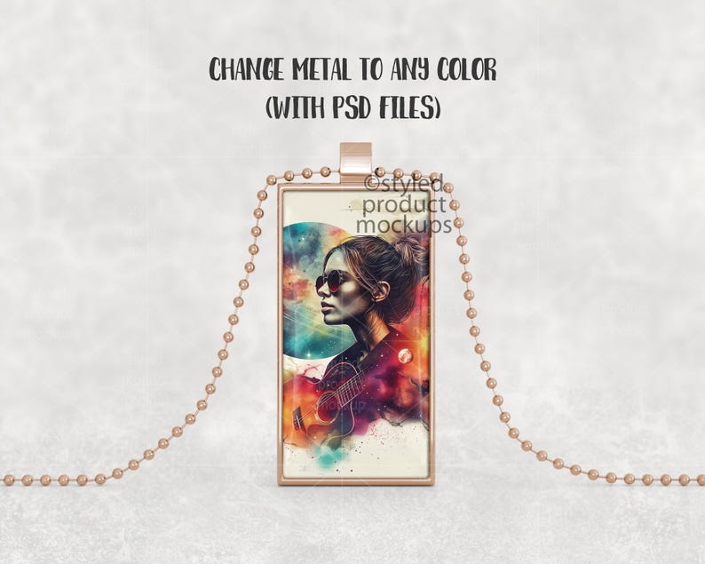 May include: A gold chain necklace with a rectangular pendant featuring a colorful illustration of a woman with sunglasses and a guitar. The pendant has a white background and the text "styled product mockups".