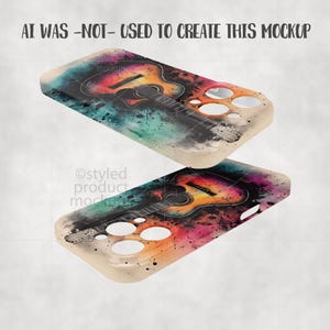 May include: Two phone cases with a watercolor guitar design. The cases feature a colorful abstract design with a guitar in shades of orange, yellow, pink, and blue. The text "AI WAS -NOT- USED TO CREATE THIS MOCKUP" is visible at the top.