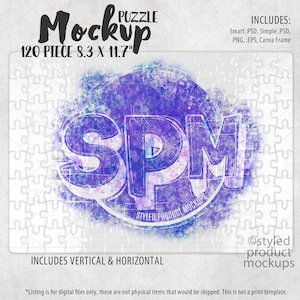 May include: A mockup of a 120 piece jigsaw puzzle featuring a watercolor-style design of the letters "SPM" in a circle with the text "Styled Product Mockups". The puzzle is 8.3 inches by 11.7 inches.