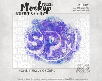 May include: A mockup of a 120 piece jigsaw puzzle featuring a watercolor-style design of the letters "SPM" in a circle with the text "Styled Product Mockups". The puzzle is 8.3 inches by 11.7 inches.