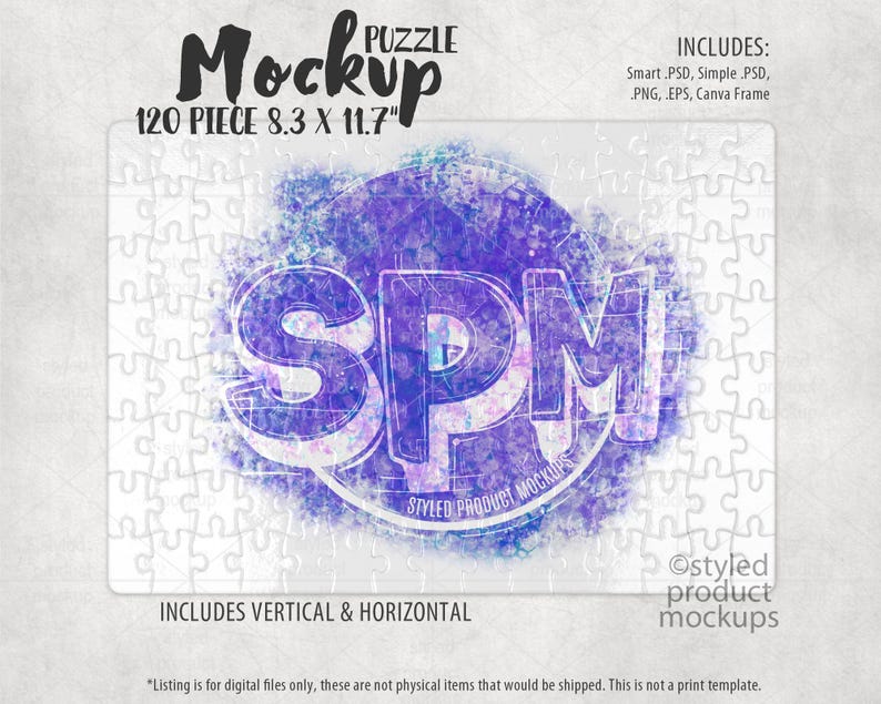 May include: A mockup of a 120 piece jigsaw puzzle featuring a watercolor-style design of the letters "SPM" in a circle with the text "Styled Product Mockups". The puzzle is 8.3 inches by 11.7 inches.
