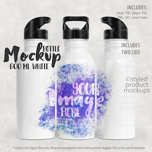 May include: White 600 ml water bottle mockup with a black lid and handle. The bottle is on a white background with a watercolor design on the front. The text "YOUR NAME HERE" is on the bottle.