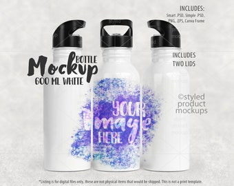 Maquette de bouteille d'eau en acier inoxydable à revêtement blanc de 600 ml à sublimation | Ajoutez votre propre image et votre arrière-plan