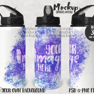 Dye sublimation sports bottle full wrap view Mockup | Add your own image and background