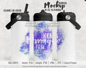 Dye sublimation 16oz water bottle with handle lid Mockup | Add your own image and background | Canva frame mockup