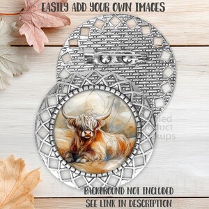 May include: A silver-colored metal brooch with a diamond-shaped pattern and a round, glass-covered image of a Highland cow. The brooch has a pin on the back and the text "EASILY ADD YOUR OWN IMAGES" and "BACKGROUND NOT INCLUDED SEE LINK IN DESCRIPTION".