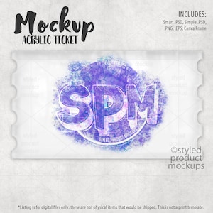 May include: A clear acrylic ticket mockup with a purple and blue design. The ticket features the letters "SPM" in a 3D style, set against a watercolor-like background. The words "Mockup" and "Acrylic Ticket" are at the top.