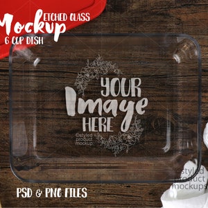 May include: A clear glass 6-cup baking dish with an etched design that says "Your Image Here" on a wooden surface.