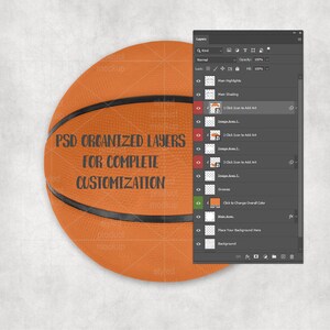 Może przedstawiać: Pomarańczowy makieta koszyk&oacute;wki z czarnymi liniami i tekstem "PSD ORGANIZED LAYERS FOR COMPLETE CUSTOMIZATION". Interfejs cyfrowy z warstwami jest widoczny po prawej stronie obrazu.