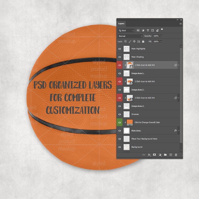 Może przedstawiać: Pomarańczowy makieta koszyk&oacute;wki z czarnymi liniami i tekstem "PSD ORGANIZED LAYERS FOR COMPLETE CUSTOMIZATION". Interfejs cyfrowy z warstwami jest widoczny po prawej stronie obrazu.