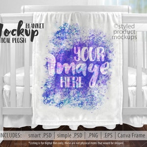 May include: A white plush blanket mockup featuring a watercolour design in shades of purple, blue, and pink. The text "YOUR IMAGE HERE" is superimposed on the design. The blanket is draped over a white cot.