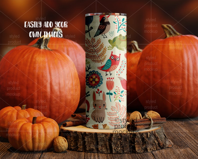 Dye sublimation 20oz skinny tumbler fall scene Mockup Add your own image image 2