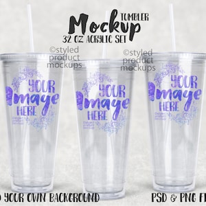 Acrylic 32 oz XL classic tumbler with lid and straw mockup | Add your own image and background