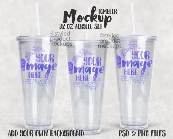 Acrylic 32 Oz XL Classic Tumbler With Lid and Straw Mockup Add Your Own  Image and Background 