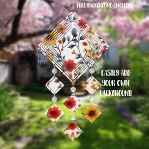 May include: A floral wind chime with a diamond-shaped design. The wind chime features red, yellow, and orange flowers with a white background. The text "FREE BACKGROUND INCLUDED" and "EASILY ADD YOUR OWN BACKGROUND" are visible.