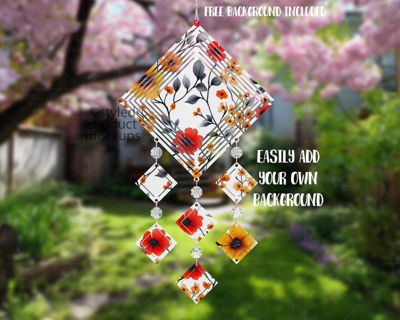May include: A floral wind chime with a diamond-shaped design. The wind chime features red, yellow, and orange flowers with a white background. The text "FREE BACKGROUND INCLUDED" and "EASILY ADD YOUR OWN BACKGROUND" are visible.