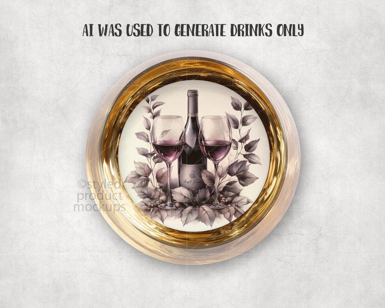 May include: A round decorative plate with a gold rim featuring a wine-themed illustration. The illustration includes a wine bottle, two glasses filled with red wine, and leafy branches. The text "AI WAS USED TO GENERATE DRINKS ONLY" is at the top.