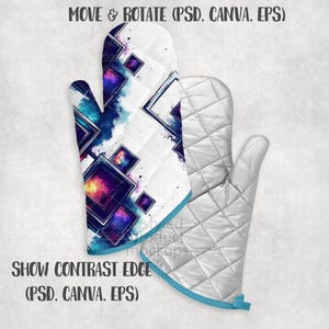 May include: Two white quilted oven mitts. One mitt features a colorful geometric design with blue, purple, and yellow accents. The other mitt is plain white. Text on the image reads "MOVE & ROTATE (PSD, CANVA, EPS)" and "SHOW CONTRAST EDGE (PSD, CANVA, EPS)".