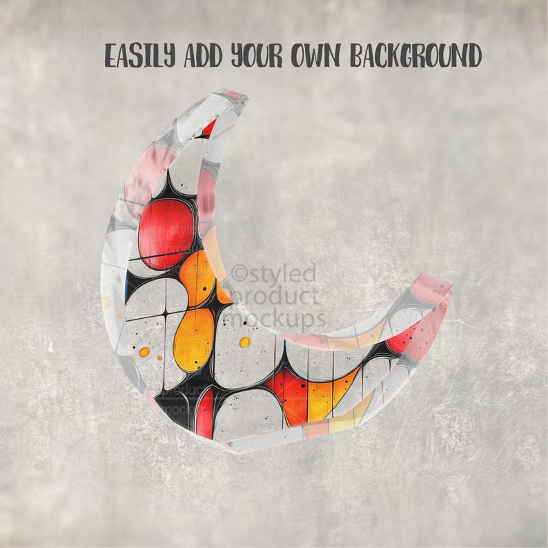 May include: A crescent-shaped design with a colorful, abstract pattern of red, orange, yellow, and white shapes. The design is set against a textured gray background. Text at the top reads "EASILY ADD YOUR OWN BACKGROUND".