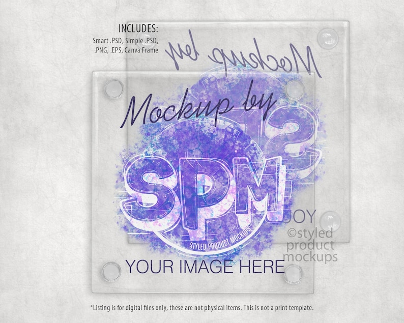 Może przedstawiać: Przezroczysty, kwadratowy makieta produktu z tekstem "Mockup by SPM" w fioletowo-białym wzorze. Widoczne są r&oacute;wnież słowa "Your Image Here". Obraz zawiera tekst "Includes: Smart .PSD, Simple .PSD, .PNG, .EPS, Canva Frame."