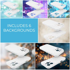 Pode incluir: Uma imagem composta com capas de telefone brancas em seis fundos diferentes. As capas s&atilde;o apresentadas em pares, uma ligeiramente elevada. O texto "INCLUDES 6 BACKGROUNDS" &eacute; vis&iacute;vel no centro da imagem.
