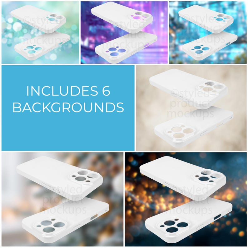 Pode incluir: Uma imagem composta com capas de telefone brancas em seis fundos diferentes. As capas s&atilde;o apresentadas em pares, uma ligeiramente elevada. O texto "INCLUDES 6 BACKGROUNDS" &eacute; vis&iacute;vel no centro da imagem.