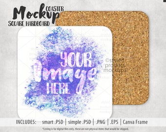 Dye sublimation square hardboard coaster with cork backing mockup | Add your own image and background | canva frame mockup
