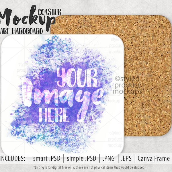 Dye sublimation square hardboard coaster with cork backing mockup | Add your own image and background | canva frame mockup