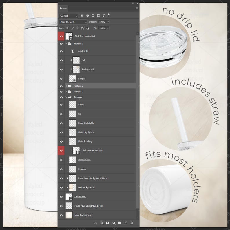 May include: White tumbler with a lid and straw, designed to fit most cup holders. Features include a no-drip lid. The image also shows the layers of a design program, highlighting the product's features.