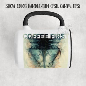 May include: White ceramic coffee mug with a black handle and rim. The mug features the text "COFFEE FIRST" and a decorative design in shades of blue, green, and yellow.