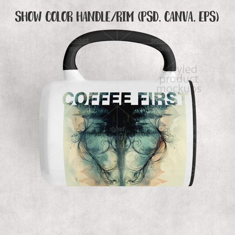May include: White ceramic coffee mug with a black handle and rim. The mug features the text "COFFEE FIRST" and a decorative design in shades of blue, green, and yellow.
