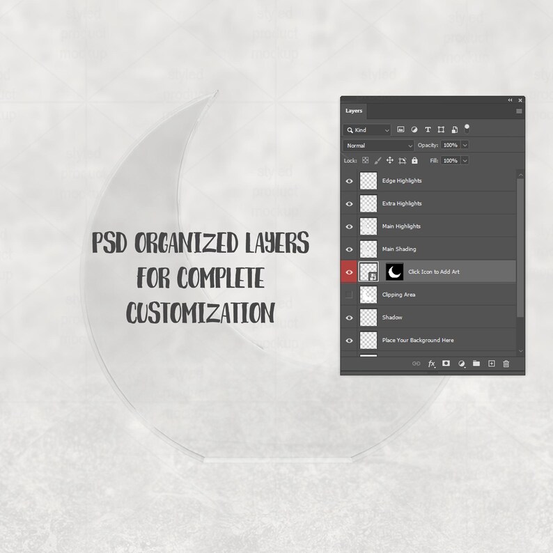 以下が含まれることがあります： 「PSD ORGANIZED LAYERS FOR COMPLETE CUSTOMIZATION」というテキストが入ったデジタルデザインモックアップ。画像にはレイヤーパネル、三日月型、柔らかくニュートラルな背景が含まれています。レイヤーパネルには、さまざまなカスタマイズオプションが表示されます。
