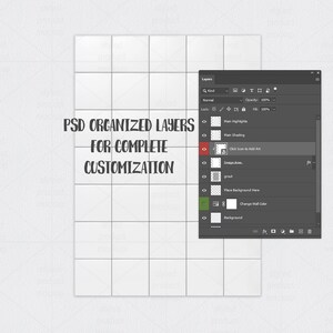 Op de afbeelding: Een digitale mockup met een raster van witte tegels en een software-interface. De tekst "PSD ORGANIZED LAYERS FOR COMPLETE CUSTOMIZATION" is zichtbaar. De interface toont laagopties voor ontwerp.