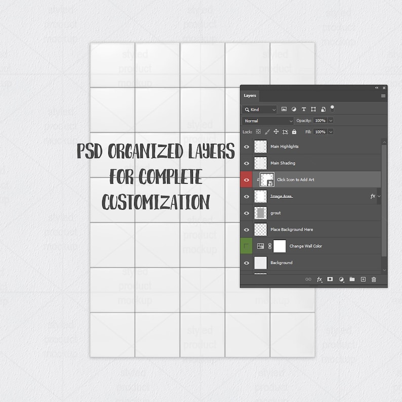 Op de afbeelding: Een digitale mockup met een raster van witte tegels en een software-interface. De tekst "PSD ORGANIZED LAYERS FOR COMPLETE CUSTOMIZATION" is zichtbaar. De interface toont laagopties voor ontwerp.