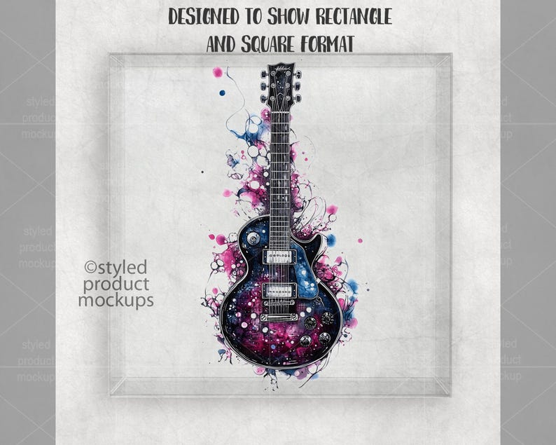 May include: A black electric guitar with a galaxy-like design and pink and blue watercolor splatters. The guitar is in a white frame with a gray background.