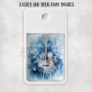 May include: White rectangular product mockup with a watercolor guitar design. The guitar is light brown and white, set against a blue watercolor background with floral accents. The text "EASILY ADD YOUR OWN IMAGES" is at the top.