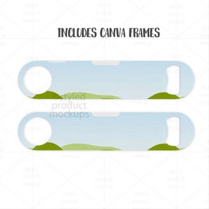 May include: Two bottle openers with a landscape design. The openers have a light blue background with green hills and a white sky. The text "INCLUDES CANVA FRAMES" is above the openers.
