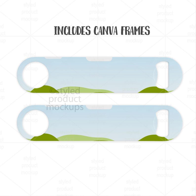 May include: Two bottle openers with a landscape design. The openers have a light blue background with green hills and a white sky. The text "INCLUDES CANVA FRAMES" is above the openers.