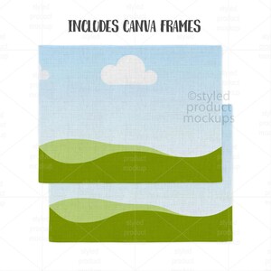 Puede incluir: Dos maquetas de productos cuadrados con un dise&ntilde;o de cielo y paisaje. La parte superior de las maquetas es azul claro con una nube blanca. La parte inferior de las maquetas tiene un dise&ntilde;o de paisaje verde. El texto "INCLUDES CANVA FRAMES" est&aacute; en la parte superior.
