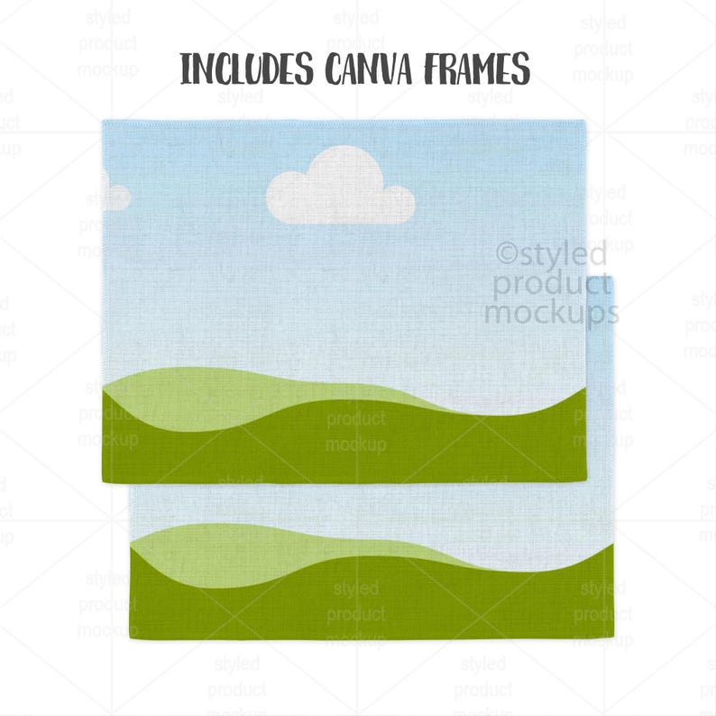 Puede incluir: Dos maquetas de productos cuadrados con un dise&ntilde;o de cielo y paisaje. La parte superior de las maquetas es azul claro con una nube blanca. La parte inferior de las maquetas tiene un dise&ntilde;o de paisaje verde. El texto "INCLUDES CANVA FRAMES" est&aacute; en la parte superior.